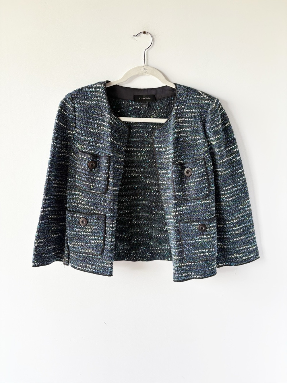 St. John Tweed Knit Cropped Jacket Blue Green Black 4 Pocket Blazer Metallic